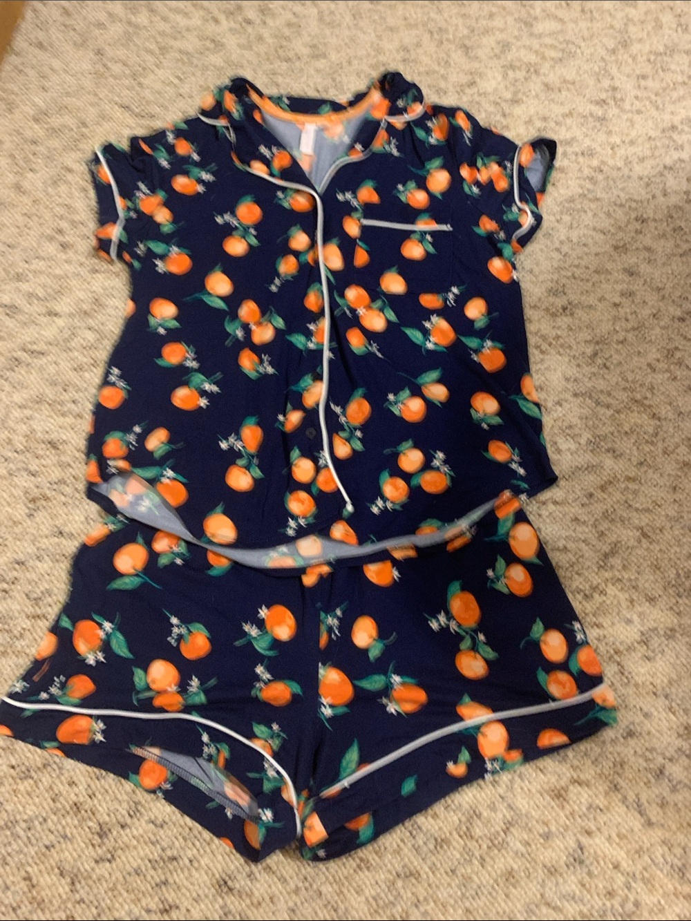Girls Navy Orange-Print Short Pajama Set